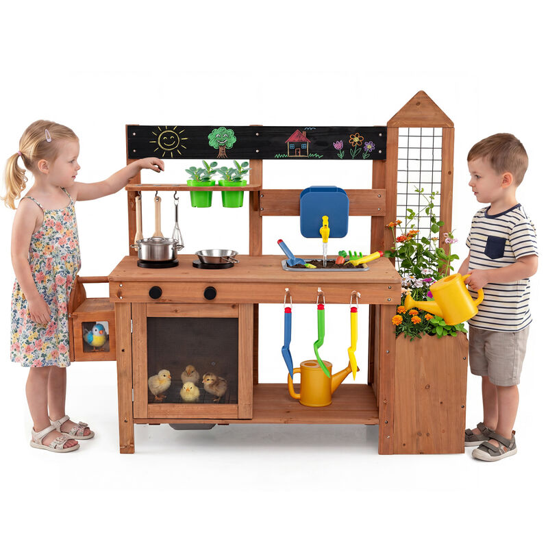 Kids Outdoor Wooden Mud Kitchen with Sink and Planter Box image number 3