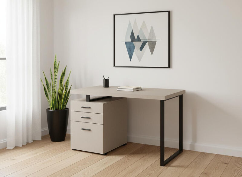HomeRoots 47" Taupe and Black Wood and Metal Sled Computer Desk With Three Drawers image number 1