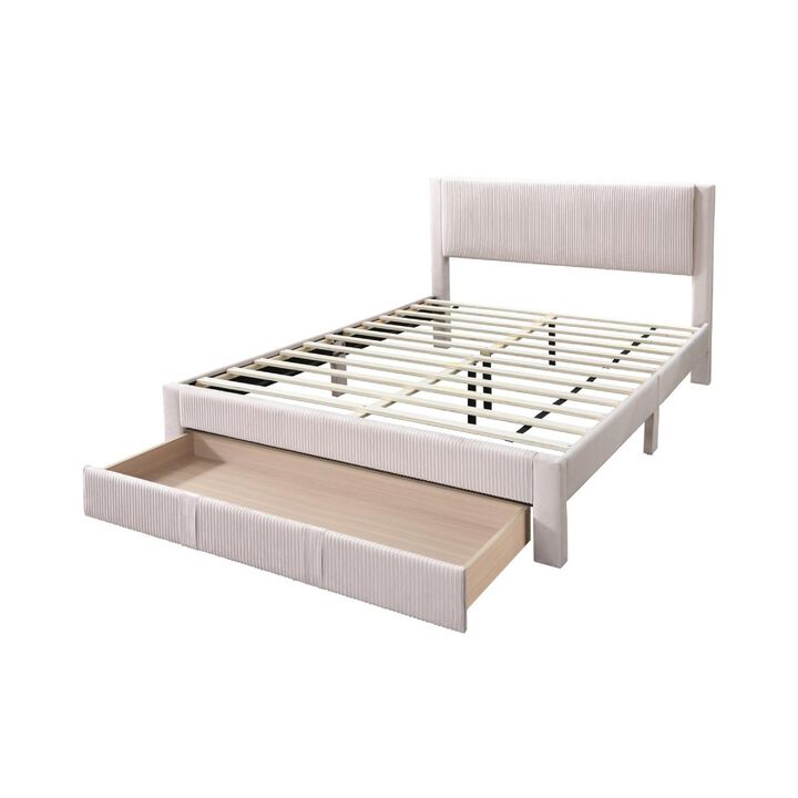 Peo Queen Size Bed w Storage Drawer, Light Pink Corduroy Upholstery - Benzara