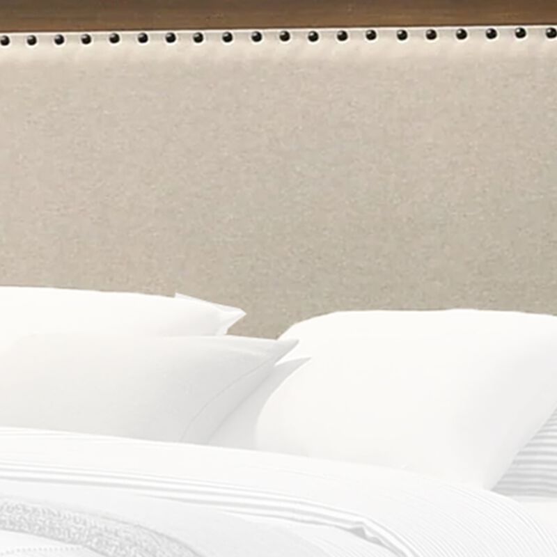 Shannon King Bed with Nailhead Trim, Ivory Fabric on, Cherry Brown Wood
