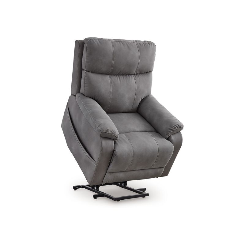 Corbin Power Lift Recliner Chair, Gray Faux Leather, Pillow Top Arms - Benzara