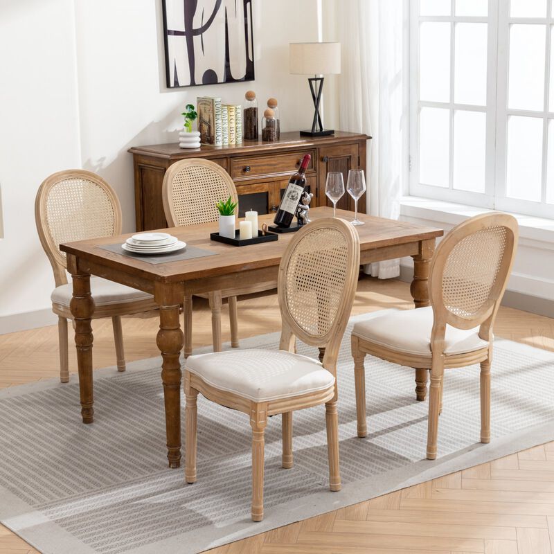 Whisen French Style Dining Chair, Solid Rubberwood Frame with Linen Upholstery and Rattan Back, Set of 2 for Living Room Kitchen image number 5