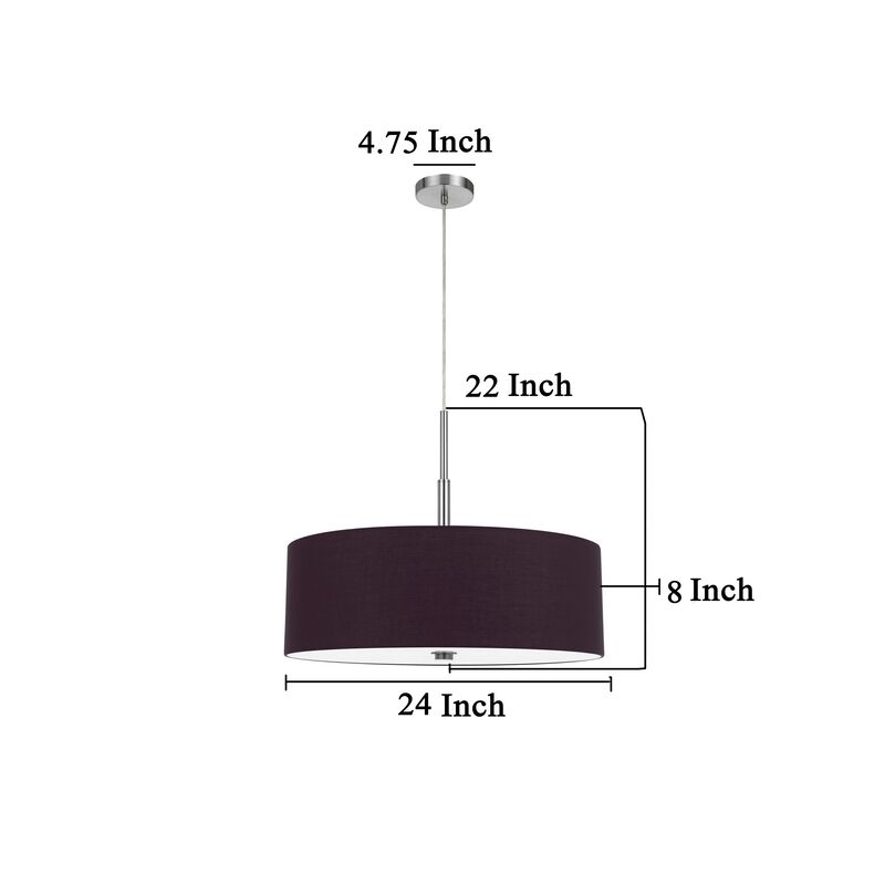 Sia Pendant Light Fixture w Plum Hardback Drum Shade, 24 Inch Chrome - Benzara