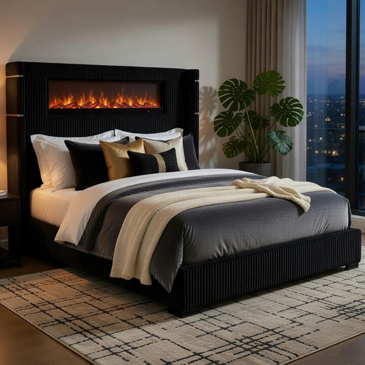 Nera Bed with LED Fireplace Headboard, Corduroy Upholstery
