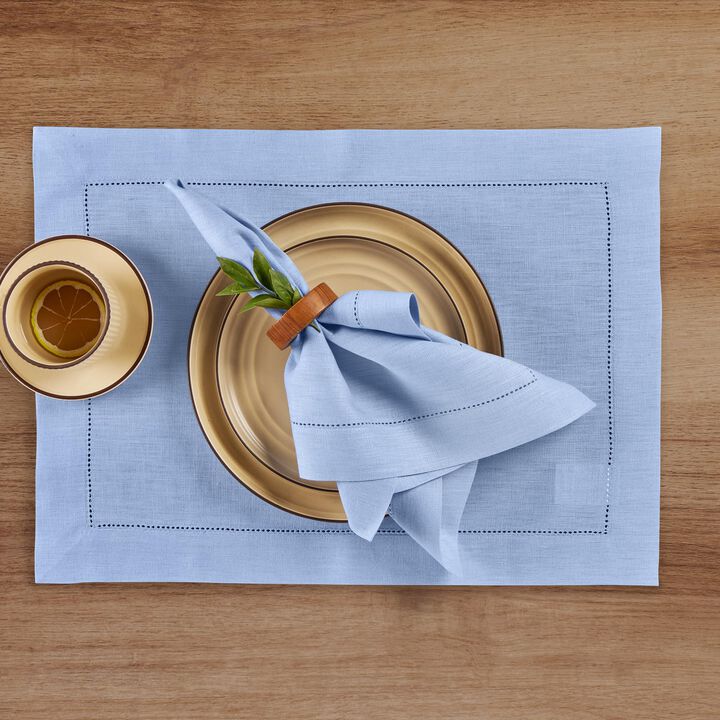 Solino Home 100% Pure Linen Placemats 14 x 19 Inch Set of 4 - Classic Hemstitch