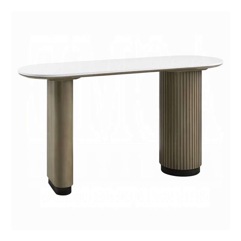 Jeh Sofa Console Table, 55 Inch White Oval Top, Pedestal Base, Oak Brown image number 0