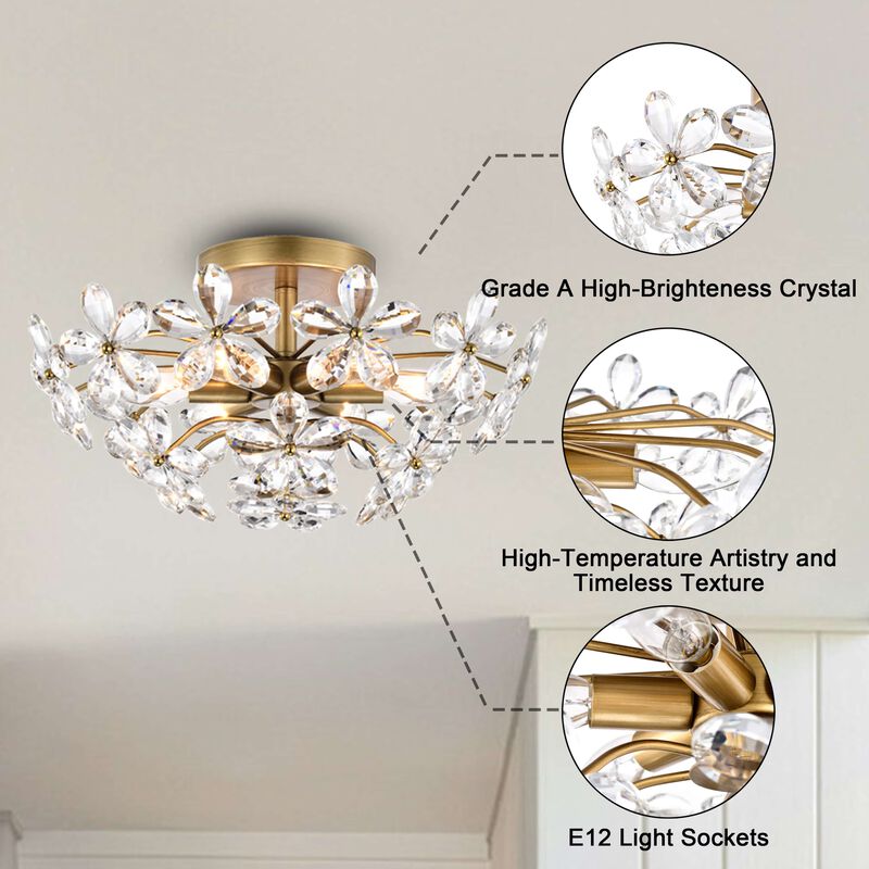 Coral 6-Light Brushed Brass Finish Crystal Glass Flower Flush Mount image number 2