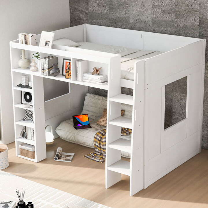 Merax Queen Wooden Loft Bed with Storage Cabinets
