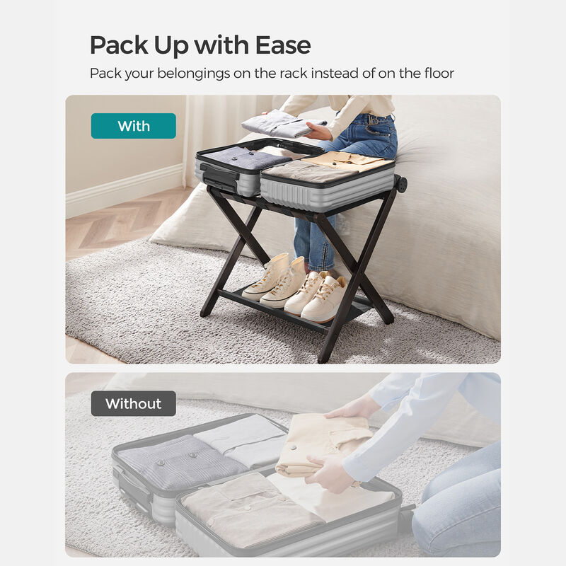 Foldable Suitcase Stand with Shelf &ndash; Guest Room Luggage Rack with Strong Nylon Straps