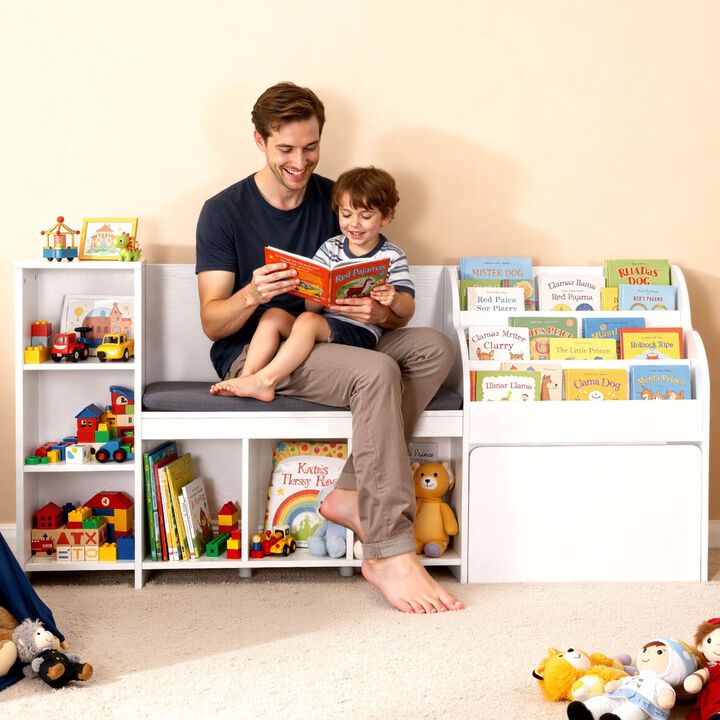 Wooden Kids Storage Bench Reading Nook with Bookshelf, Toy Box Organizer for Kids Room