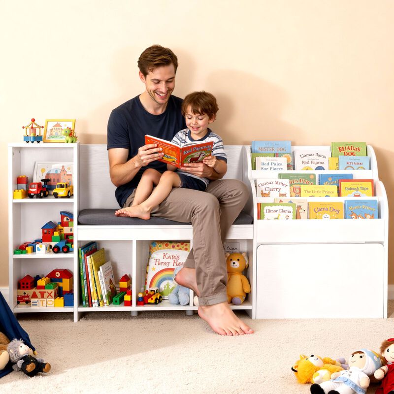 Wooden Kids Storage Bench Reading Nook with Bookshelf, Toy Box Organizer for Kids Room image number 1