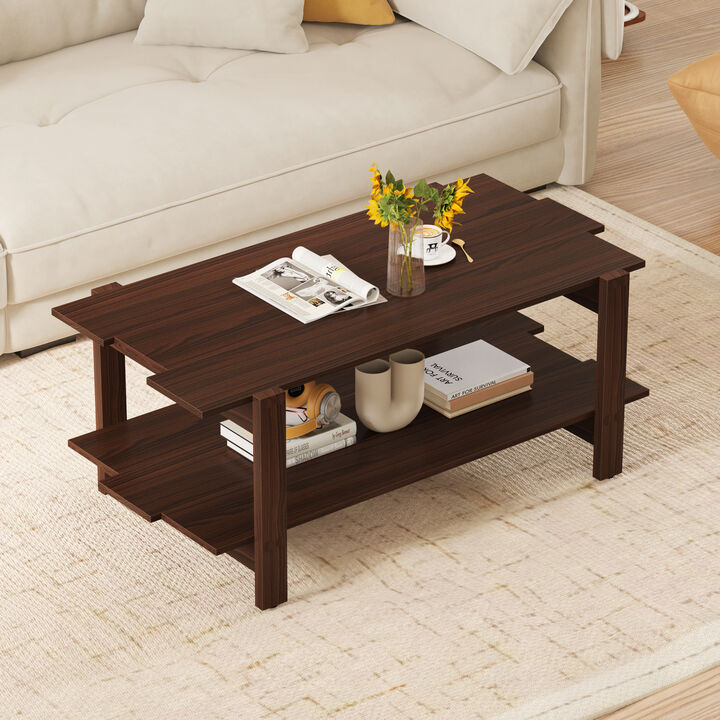 Modern 2-Tier Coffee Table with Slatted Wood Design and Storage Shelf