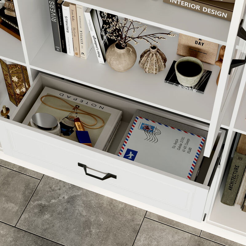 FUFU&GAGA 141.7" Modern Storage Cabinet with Glass Doors & Drawers, White MDF Wall Unit with 9 Glass Doors & 6 Drawers (141.7 in. W x 15.7 in. D x 78.7 in. H)