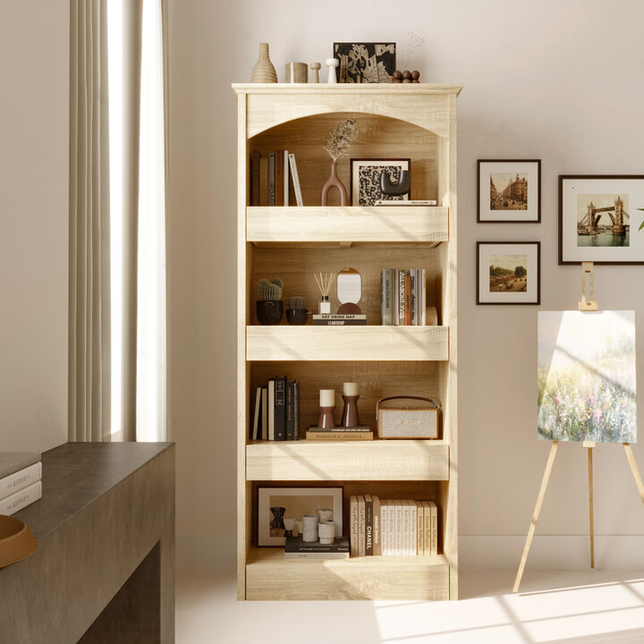 FUFU&GAGA Modern Display Shelf with Hidden Storage Drawers, 4-Tier Open Shelving Unit, Arched Painted Top & Wood Grain Finish, (31.4 in. W x 16.5 in. D x 70.1 in. H), Wood Look