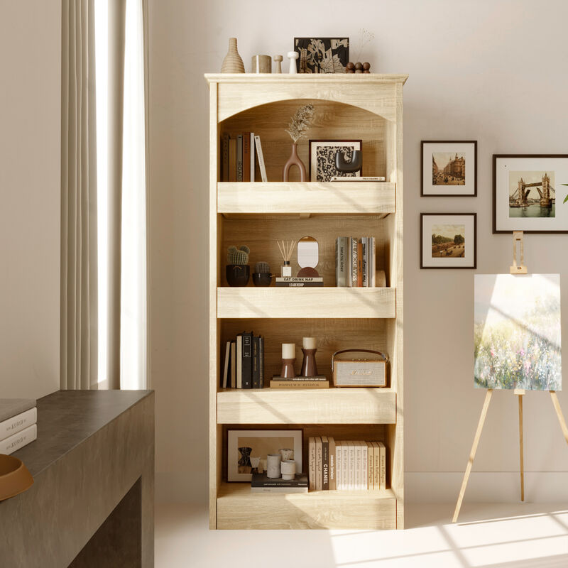 FUFU&GAGA Modern Display Shelf with Hidden Storage Drawers, 4-Tier Open Shelving Unit, Arched Painted Top & Wood Grain Finish, (31.4 in. W x 16.5 in. D x 70.1 in. H), Wood Look