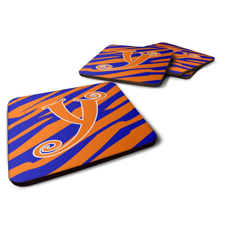 Caroline's Treasures CJ1036-YFC Monogram-Tiger Stripe Blue and Orange Foam Coasters (Set of 4), Initial Letter Y, 3.5 H x 3.5 W, Multicolor