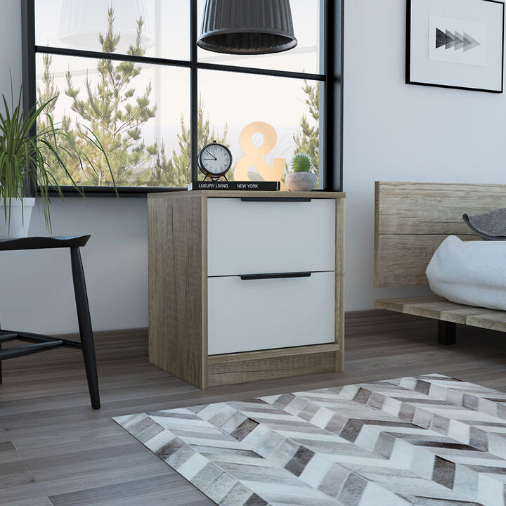 Streamdale Kaia Nightstand, Two Drawers, Metal Handle - White Pine