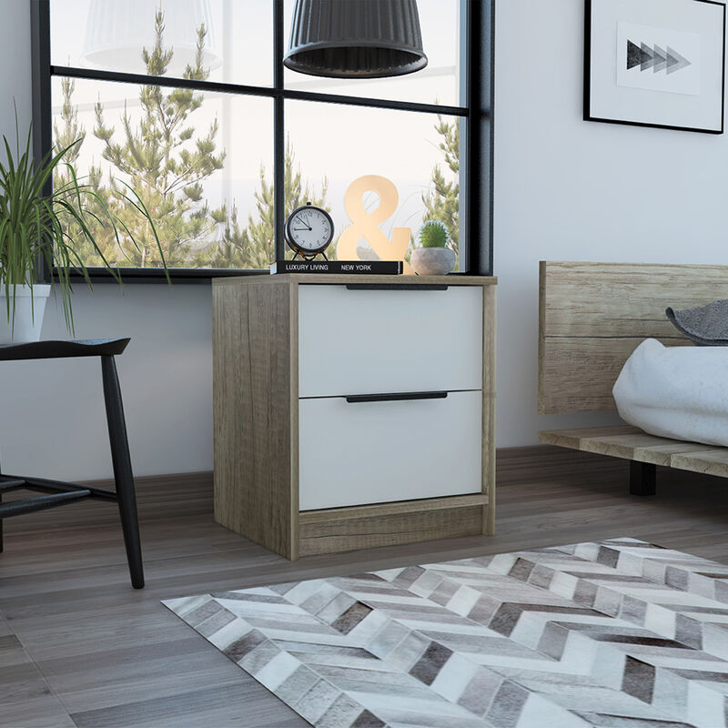 Streamdale Kaia Nightstand, Two Drawers, Metal Handle - White Pine