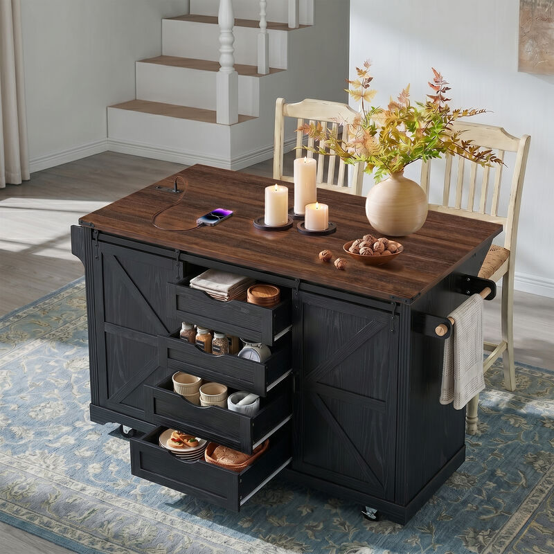 Merax Rolling Kitchen Island with Bar Cabinet, 2 Fridge Compartments, Sliding Barn Doors image number 2