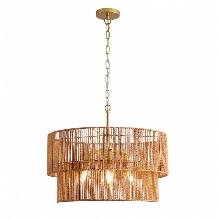 ELEMENT ACE 2-Tier Handwoven Paper Rattan Chandelier Adjustable Height Pendant Light Ceiling Lighting Fixture for Dining Room Kitchen Island Living Room Bedroom