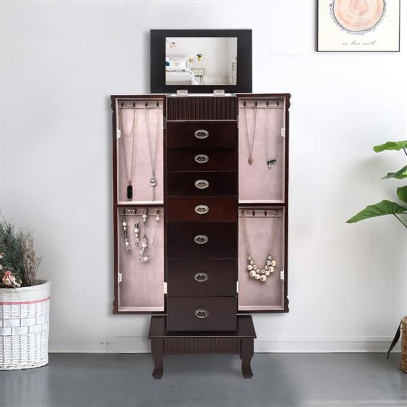 Standing Jewelry Armoire Cabinet with Makeup Mirror, 7 Drawers, 2 Swing Doors & 16 Necklace Hooks
