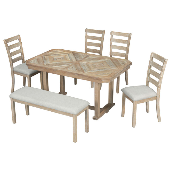 6-Piece Rubber Wood Dining Table Set with Beautiful Wood Grain Pattern Table Top Solid Wood Veneer and Soft Cushion (Natural Wood Wash)