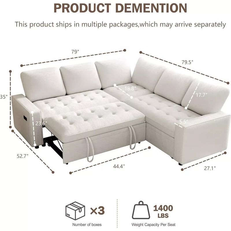 Vipbear 79" 5-Seat L-Shaped Sectional Sleeper Sofa Bed, Chenille Pull-Out Couch with Backrest image number 1