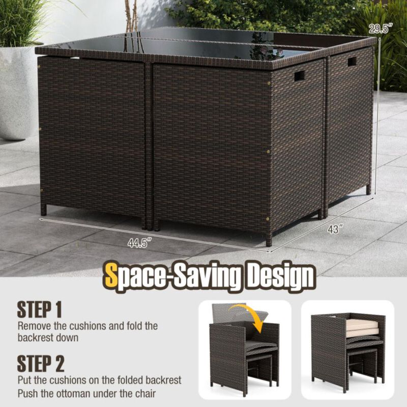 Hivvago 9 Piece Patio Dining Set with Tempered Glass Table and Ottoman