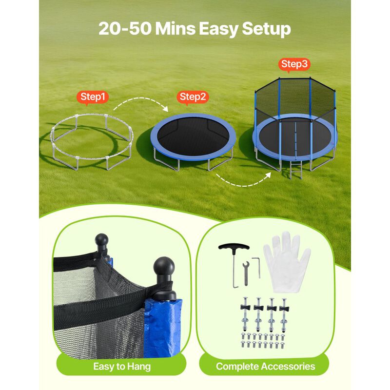 Heavy Duty Outdoor Trampoline with Enclosure Net, Round Backyard Trampoline for Kids & Adults-Blue image number 3