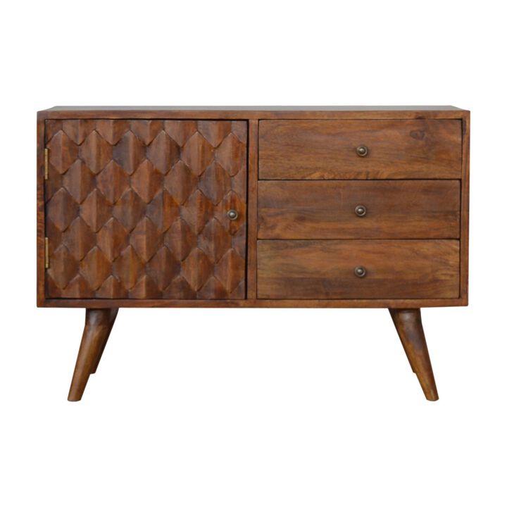 Solid Wood 1 Door 3 Drawer Carved Chestnut Sideboard