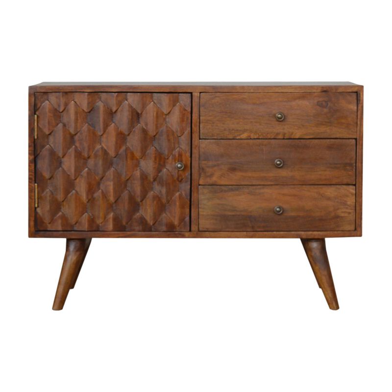 Solid Wood 1 Door 3 Drawer Carved Chestnut Sideboard
