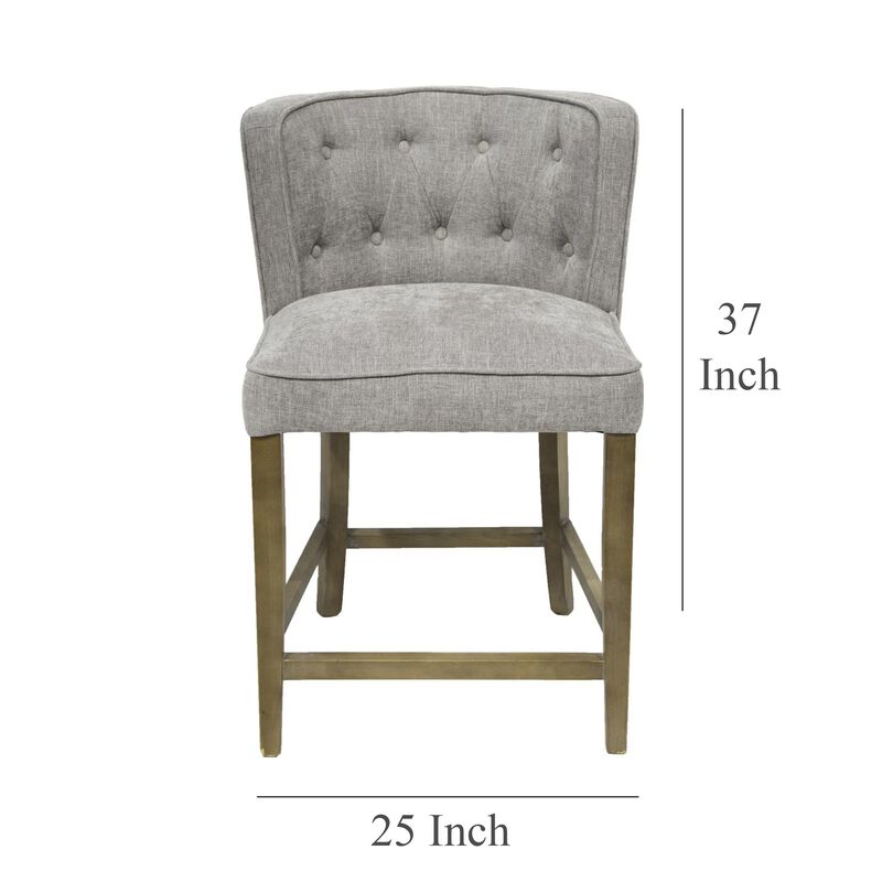 Cly Counter Stool Chair, Soft Light Gray Fabric, Graywash Solid Wood