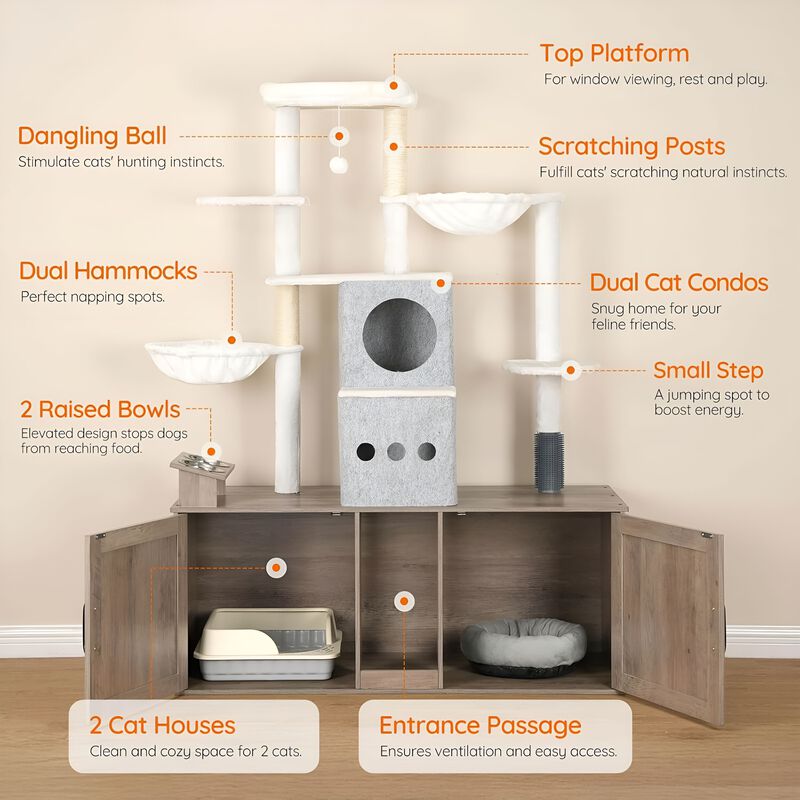 Multi-Level Cat Tree with Dual Litter Box Storage and Play Platforms-Greige image number 8