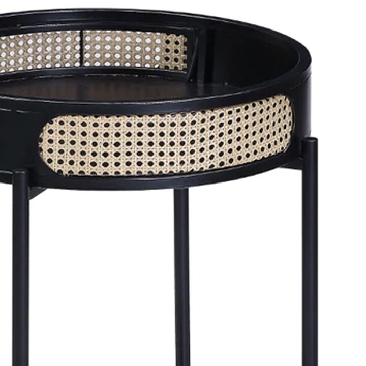 Bert 24 Inch Round End Table, Rattan Apron Accent, Metal Legs, Black