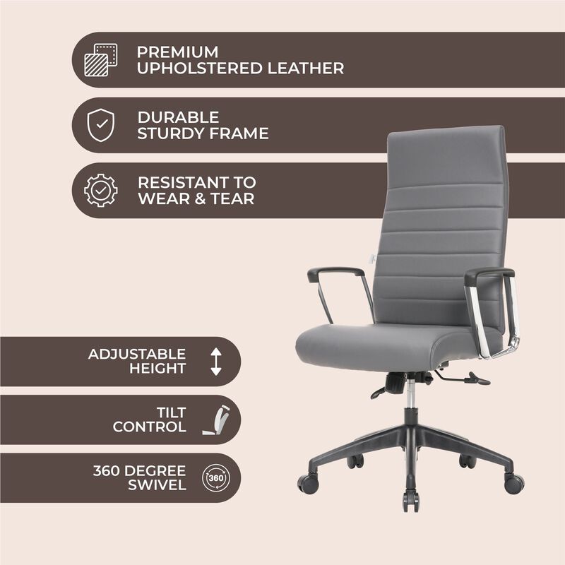 LeisureMod Hilton Modern High Back Leather Conference Office Chair with Adjustable Height & Swivel &ndash; Ergonomic and Stylish Office Seating