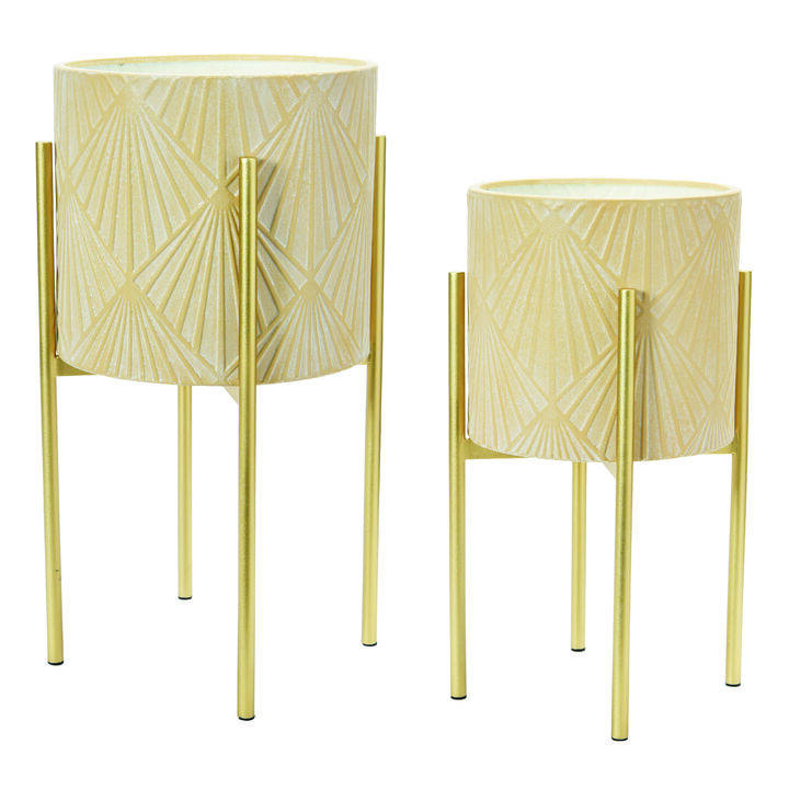 Modern Boho Embossed Metal Planters with Stands, Cream and Gold, Set of 2 Sizes