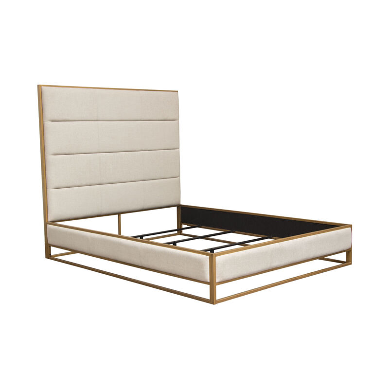 Chek Queen Size Bed w Channel Tufted Upholstery, Sand Brown, Gold Metal