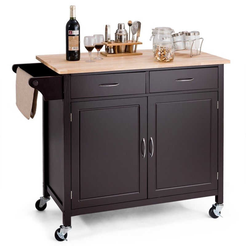 QuikFurn Brown Kitchen Island Storage Cart with Wood Top and Casters