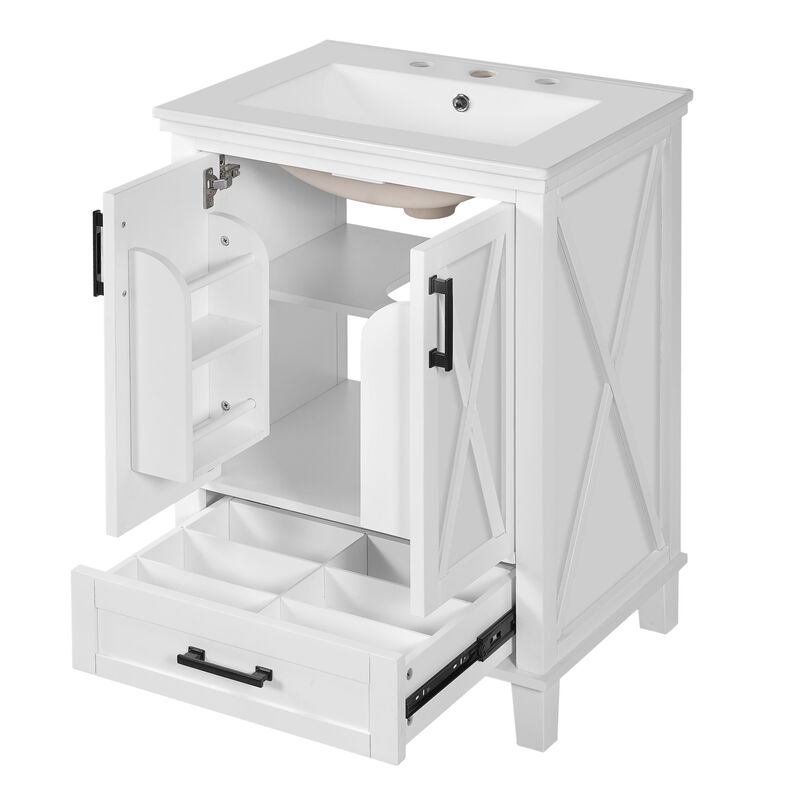 Whisen 24-inch Bathroom Vanity with Single Sink, Solid Wood Frame + MDF, 2 Soft-Close Doors, 1 Divided Drawer, Dual Storage Shelves