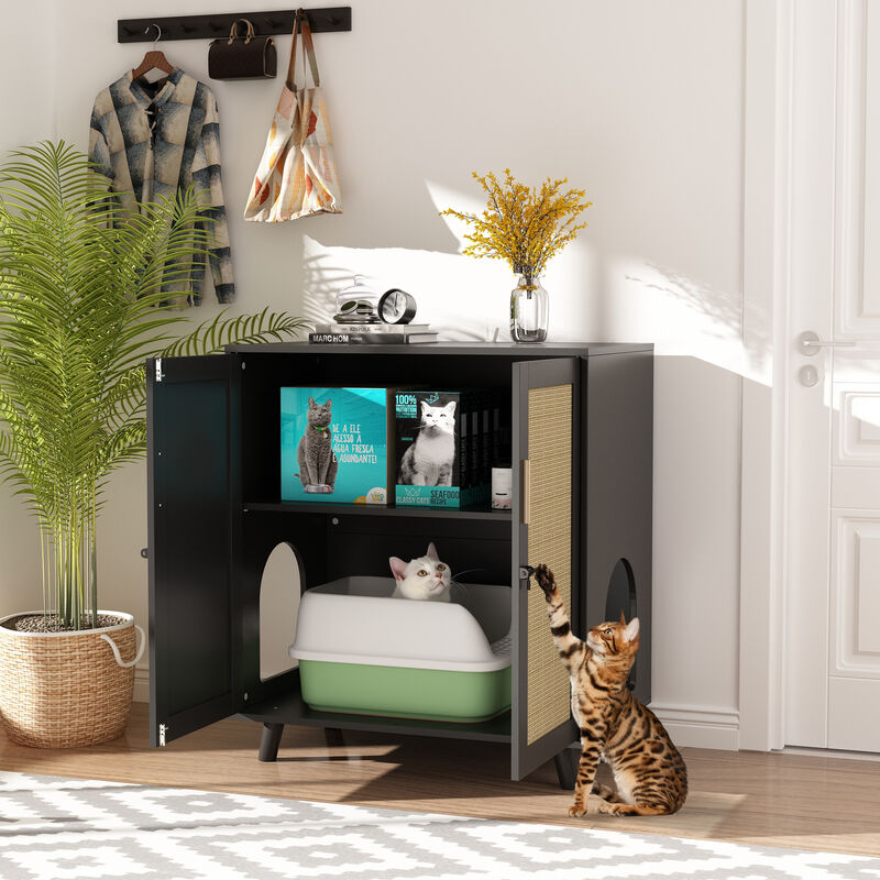 Modern Cat Litter Box Enclosure for Rooms, Black Hidden Litter Box Furniture Cat Washroom Storage with Lock Sisal Door image number 3