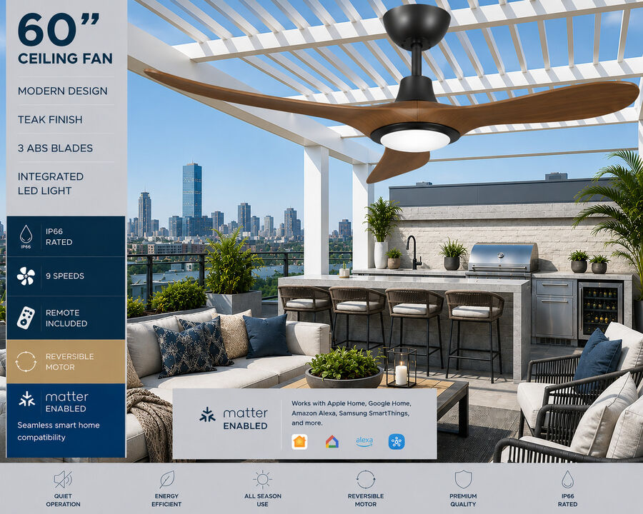 ENLIGHT 60" Smart DC Ceiling Fan with Light, IP66 Outdoor/Coastal Rated, Matter Smart Home Integration, 3 Blades