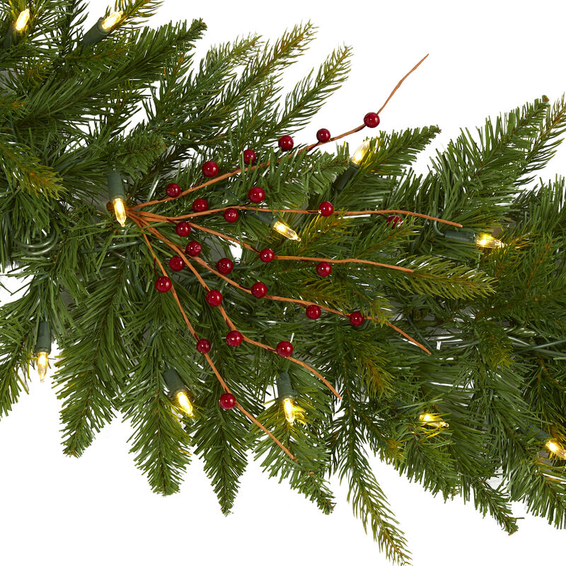 HomPlanti 6' Christmas Pine Artificial Garland with 50 Warm White LED Lights and Berries