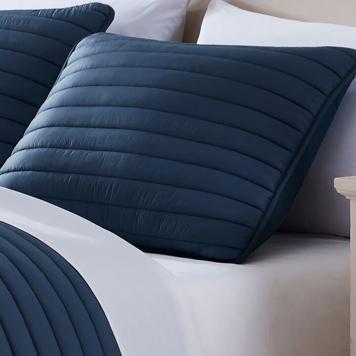 Cabe 2 Piece Twin Comforter Set, Polyester Puffer Channel Quilted Navy Blue - Benzara