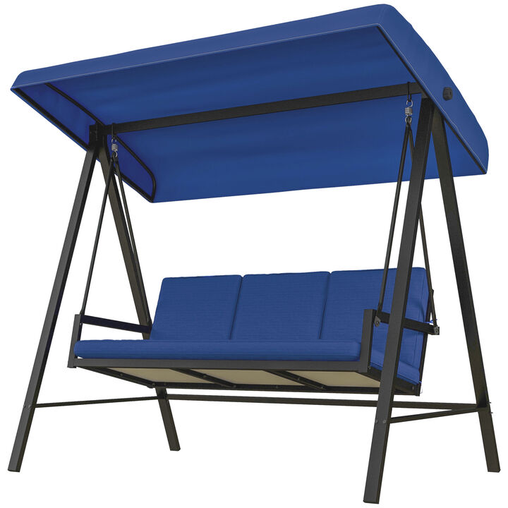 Outsunny 3-Seat Outdoor Porch Swing with Stand, Heavy duty Patio Swing Chair with Adjustable Canopy, Removable Cushions, Breathable Mesh Seat for Garden, Backyard and Poolside, Blue