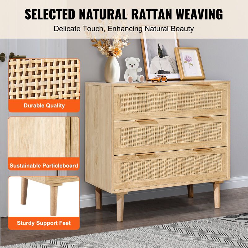 3 Drawer Rattan Dresser Chest of Drawers with Storage for Bedroom Living Room Hallway image number 6