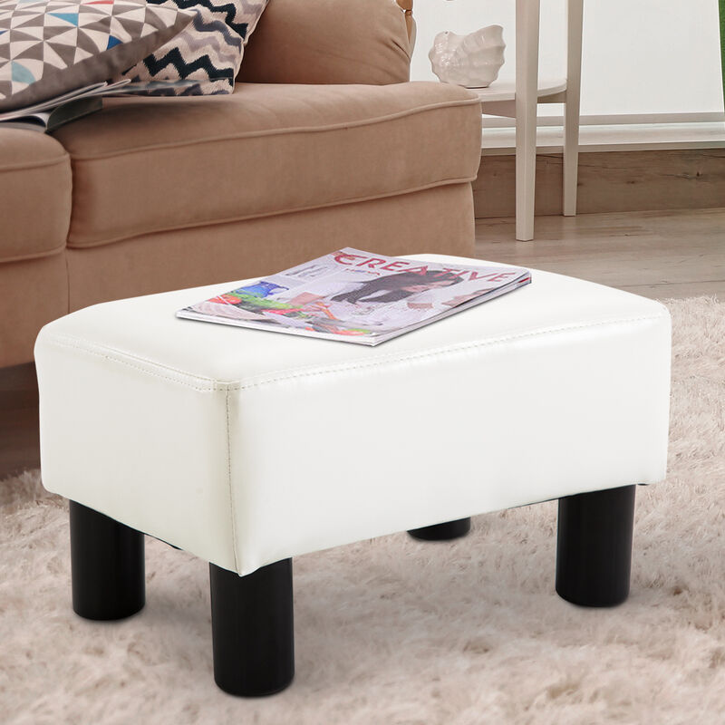 HOMCOM Ottoman Foot Rest, Small Foot Stool with Faux Leather Upholstery, Rectangular Ottoman Footrest with Padded Foam Seat and Plastic Legs, Bright White