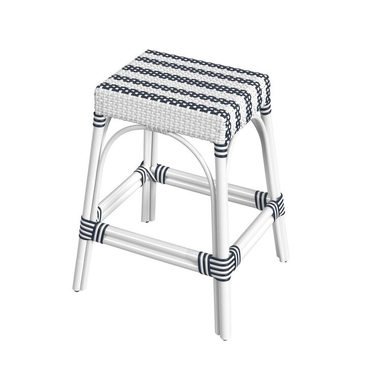 Butler Specialty Robias Rectangular Rattan 24.5 Counter Stool, White and Navy Stripe