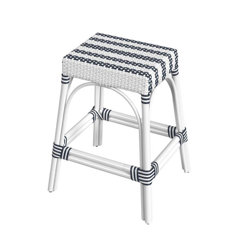 Butler Specialty Robias Rectangular Rattan 24.5 Counter Stool, White and Navy Stripe