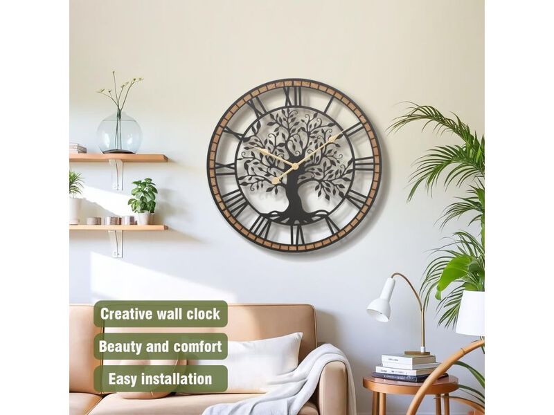 24" Farmhouse Wall Clock - Rustic Tree of Life Metal with Wood Frame for Living Room & Office Decor image number 1