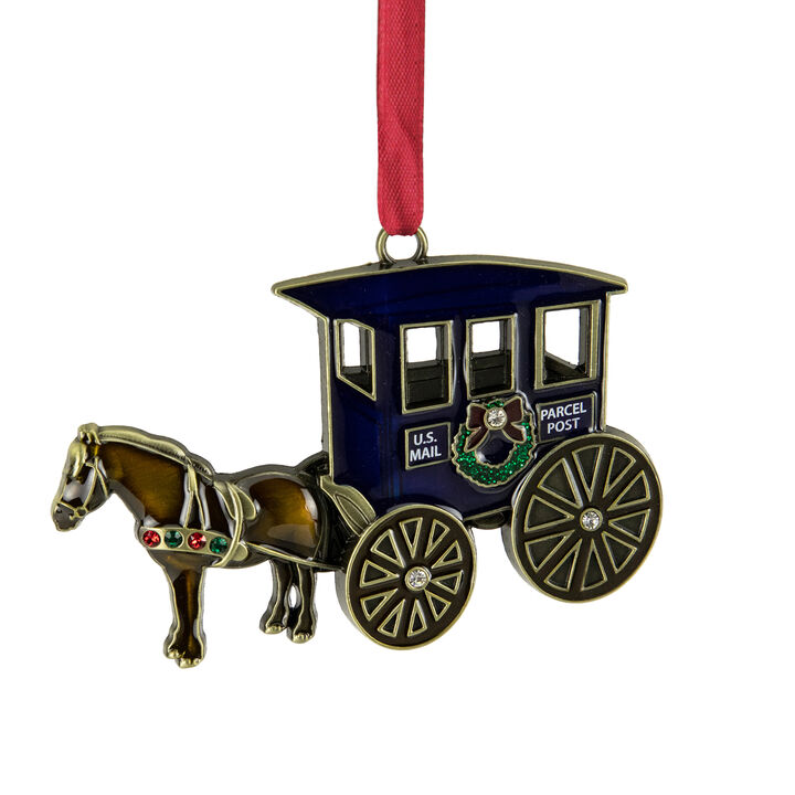 3.25" U.S. Mail Parcel Horse and Buggy Christmas Ornament with European Crystals
